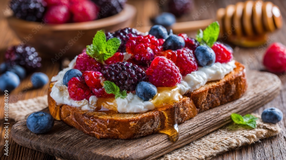 Poster a rustic wooden table with a slice of toasted bread topped with fresh berries and whipped cream, dri