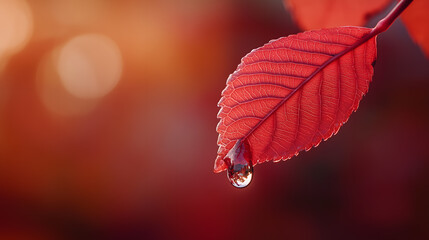 A raindrop hanging from the tip of a red leaf