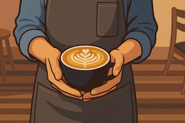Illustration of a barista holding a cup of latte with heart-shaped latte art