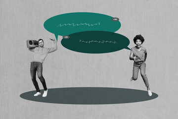 Image template collage of people running listen boombox speaking text box on grey color background