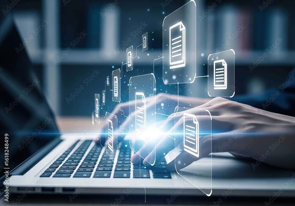 Poster hands typing on a laptop with glowing digital data streams and icons representing information and te