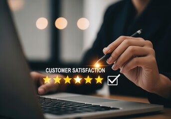 Customer satisfaction survey person rating service excellence with a five star review on a digital interface