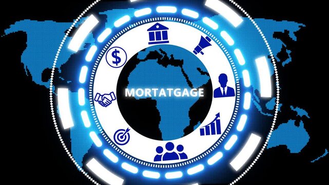 Business Mortgage button on a clear projection screen a futuristic holographic advanced HUD circle platform. Business, Technology network with 4k video.