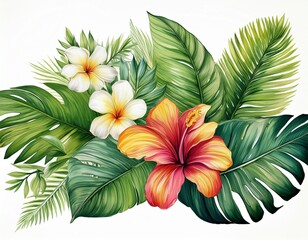 Naklejka premium hawaiian leaves and flowers on isolated white background