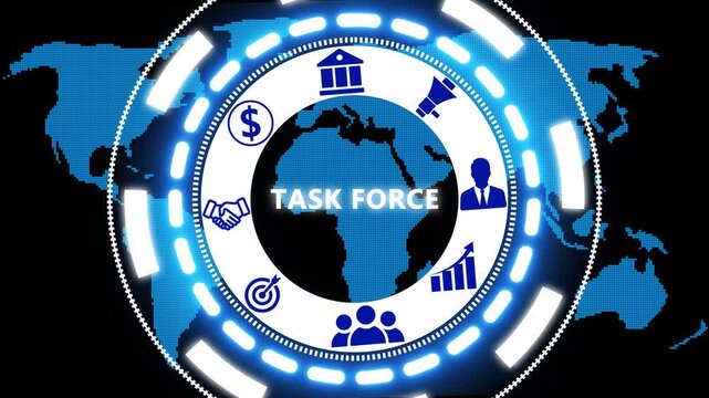 Business Task Force button on a clear projection screen a futuristic holographic advanced HUD circle platform. Business, Technology network with 4k video.