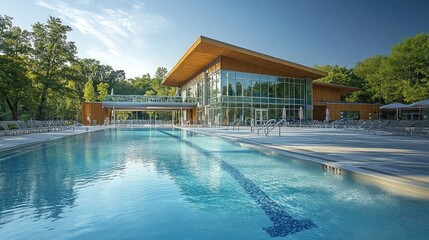 Eco-friendly public pools designed with sustainable materials, energy-efficient systems, natural filtration, community wellness focus, modern recreational architecture, and green building practices.