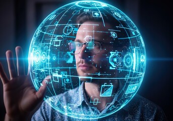 Man interacting with a futuristic holographic globe displaying digital information and data