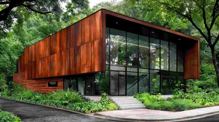 Modern Rust Colored Building Amidst Lush Greenery