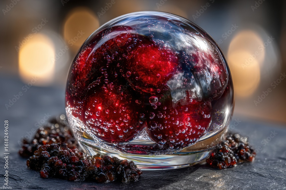 Poster macro shot of a transparent glass orb filled with liquid and red berries, showcasing bubbles and ref