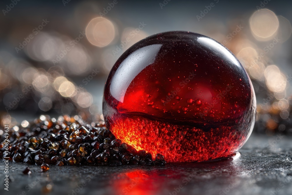 Poster a mesmerizing close-up of a red amber orb with internal fire-like glow, surrounded by smaller amber 