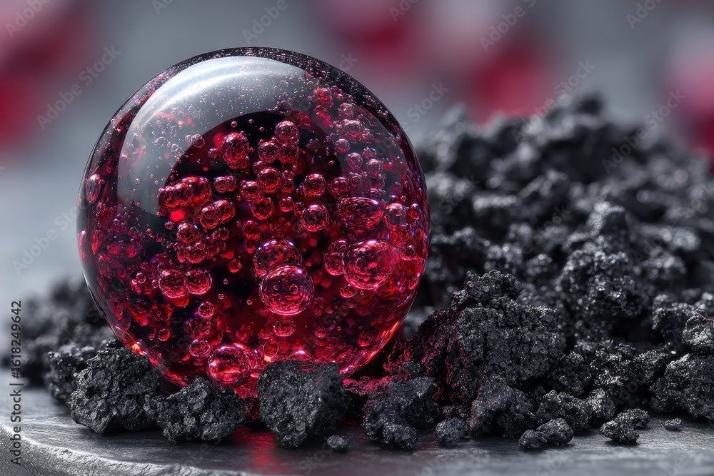 Poster a captivating close-up of a mesmerizing red liquid sphere filled with tiny bubbles, resting on a bed
