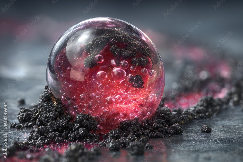 Poster an orb of pulsating red energy rests on a bed of rough black soil, the bubble reflecting the surroun