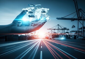 Global logistics and supply chain management visualized through a digital hand holding the world