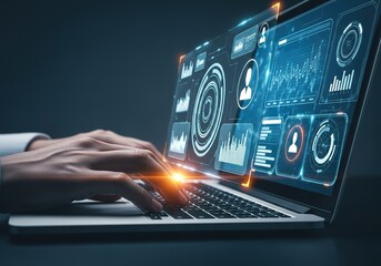 Hands typing on a laptop displaying a futuristic digital interface with glowing data visualizations and user profiles
