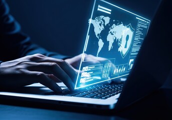 Cybersecurity professional analyzing global data streams and network activity on a futuristic holographic display