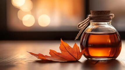 Glass bottle with amber liquid and autumn leaf on wooden surface, cozy fall wellness banner with copy space