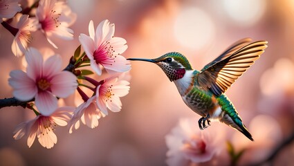 Naklejka premium Hummingbird Feeding on Pink Blossoms