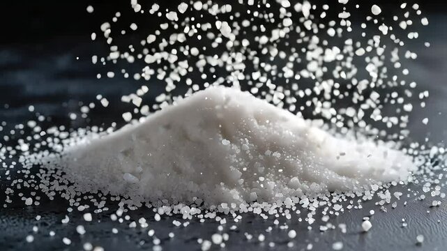 Pouring coarse sea salt onto a dark slate surface. A close-up view of a fundamental cooking seasoning.