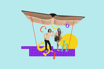 Art sketch image vertical collage of happy schoolboy schoolgirl stand together vocabulary book letters literature subject