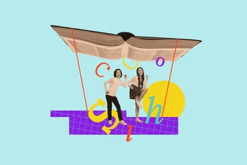 Fotobehang Art sketch image vertical collage of happy schoolboy schoolgirl stand together vocabulary book letters literature subject © deagreez