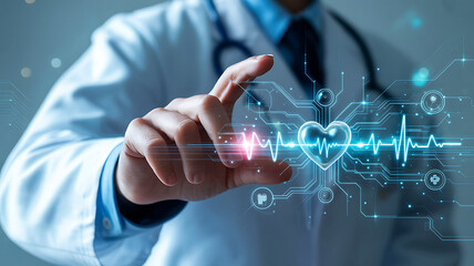 Doctor interacting with futuristic medical technology displaying a heart rhythm