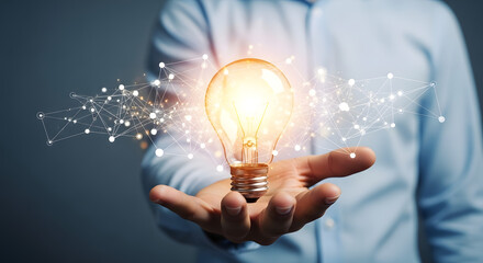 A person's hand gently cradles a glowing lightbulb, symbolizing innovation and interconnected ideas.