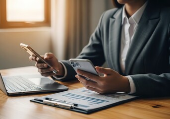 Business professional using smartphone and laptop for financial analysis and data management