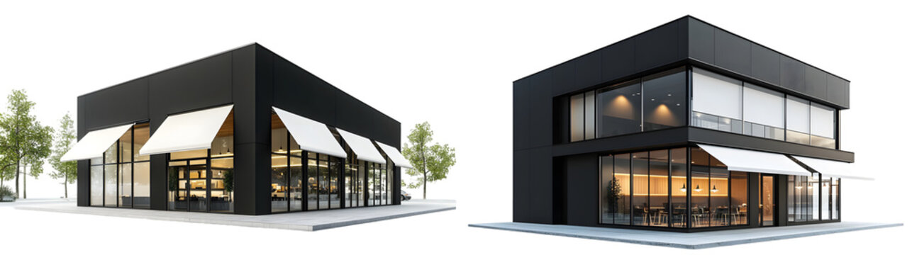 Modern black commercial building with large windows and white awnings ideal for retail restaurant or office space isolated on a transparent background