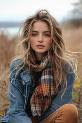 Fototapeta premium Woman with long hair sitting in field.