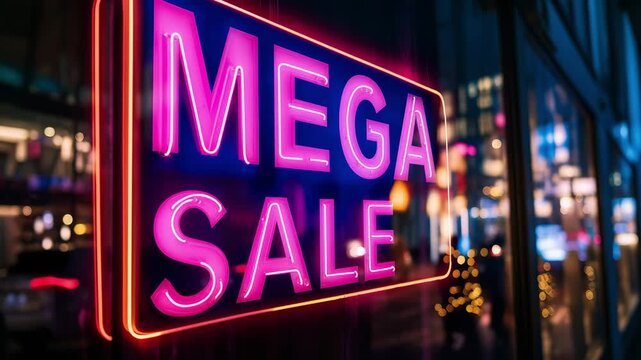 Neon sign illuminates a retail storefront, promoting a mega sale in an urban setting at night