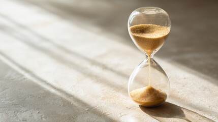 A simple hourglass with sand flowing from the top to the bottom, surrounded by soft light and shadow play on a clean, white background