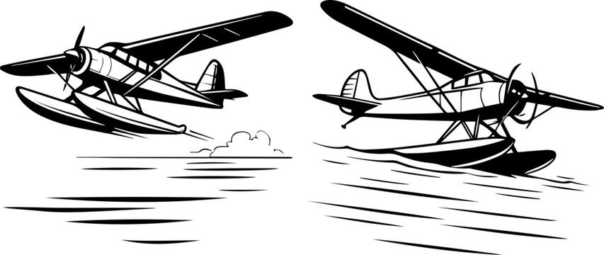 Vintage Floatplane Seaplane Taking Off and Landing Black and White Illustration
