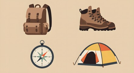 Set of flat vector illustrations featuring essential hiking and camping gear, including a backpack, boots, compass, and tent