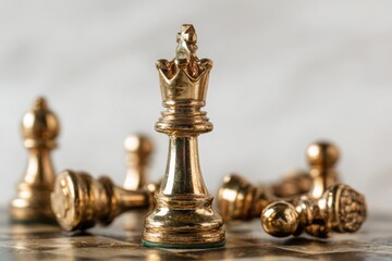 Golden chess king stands victorious amidst fallen pieces