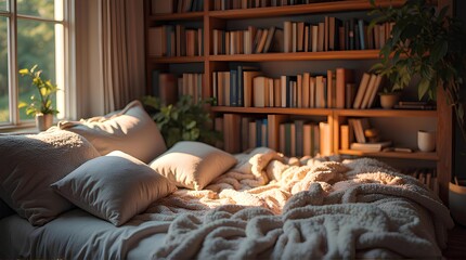Bed and bookshelf with warm light