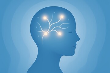 Blue head silhouette with glowing brain connections on a gradient blue background design art