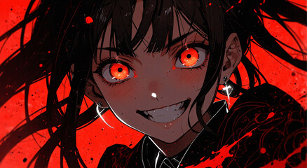 An anime-style portrait of a girl with glowing red eyes, a wide, intense smile, and dark hair