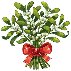 Mistletoe branches tied with red bow vector color illustration. Bunch of Christmas traditional plant on isolated background for cards and design