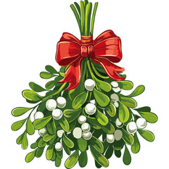 Mistletoe branches tied with red bow vector color illustration. Bunch of Christmas traditional plant on isolated background for cards and design