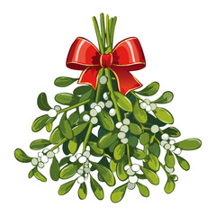 Mistletoe branches tied with red bow vector color illustration. Bunch of Christmas traditional plant on isolated background for cards and design