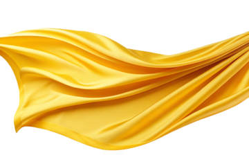 A photograph of yellow cloth fluttering in the wind. Three-dimensional. Glossy. Dynamic.