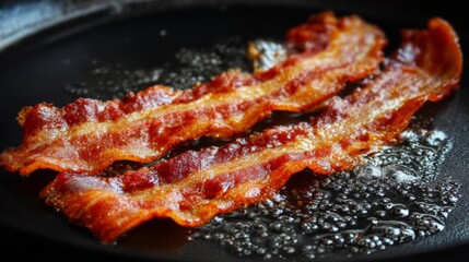 A sizzling bacon strip on a hot pan, with grease and crispy texture, showing the perfect caramelization of the meat under the heat