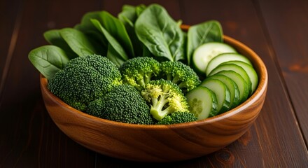 Fresh green vegetables in wooden bowl broccoli spinach cucumber healthy eating concept
