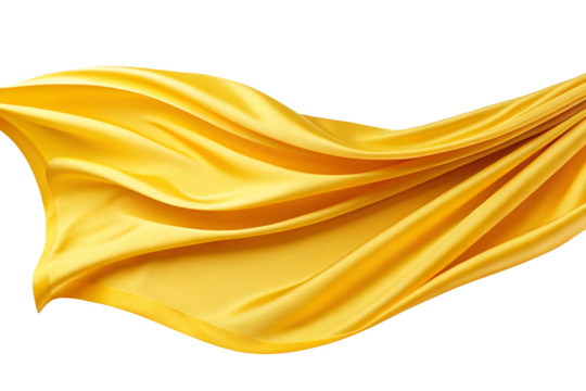 A photograph of yellow cloth fluttering in the wind. Three-dimensional. Glossy. Dynamic.