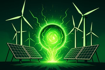 Illustration of wind turbines and solar panels with a glowing green portal in the center view design