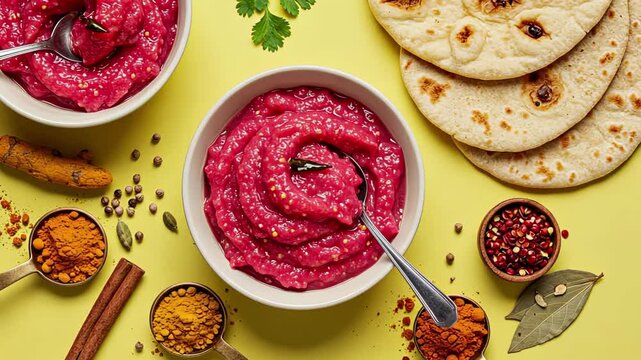 Culinary journey: vibrant beetroot hummus with spices, flatbread, and herb accents on yellow background