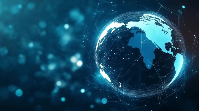 A digital map of the Earth displays interconnected nodes symbolizing global connections and data flow in a technological landscape