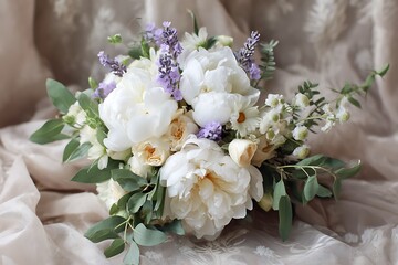 A soft, romantic bouquet of white peonies, lavender sprigs, and pale yellow daisies, paired with fresh green eucalyptus and ferns.