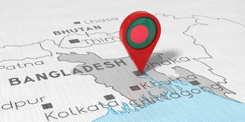 Fototapeta premium Bangladesh, Dhaka - location pin with national flag on political map - 3D illustration