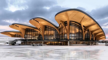 Modern Wave Shaped Airport Terminal in Winter